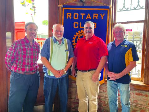 ROTARIANS LEARN ABOUT KVPI - KVPI General Manager Mark Layne and Floyd Soileau were guest speakers for the April 25, meeting of the Ville Platte Rotary Club. Shown, from left, are Layne, Soileau, Rotarian Scott Smith and Rotary President Larry Lachney. (Gazette photo by Heather Bogard)