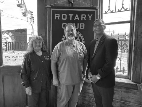 HERITAGE MANOR UPDATE GIVEN -  Shown, from left, are Rotarian Patricia Duplechin, Rotarian and Heritage Manor Nursing Home Administrator Trey Prudhomme and Rotary President Brian Ardoin. (Gazette photo by Heather Bogard)