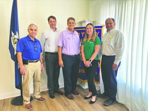 MEMBERS HEAR UPDATE ON STATE PARKS - Shown, from left, are Rotarian Dr. Kirk Soileau, Michael Proctor (Louisiana Deputy Director of Louisiana State Parks), Police Juror Kevin Veillon, Katie Ardoin (District Four Manager) and Rotarian Wayne Vidrine. (Gazette photo by Heather Bogard)