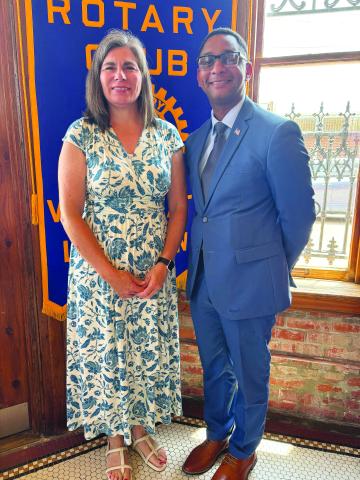 UPDATE GIVEN -  Angela Fontenot, Director of Marketing and Business Development with Savoy Medical Center (left) addressed the May 21, meeting of the Ville Platte Rotary Club. She is shown with Rotary President Brian Ardoin. (Gazette photo by Heather Bogard).