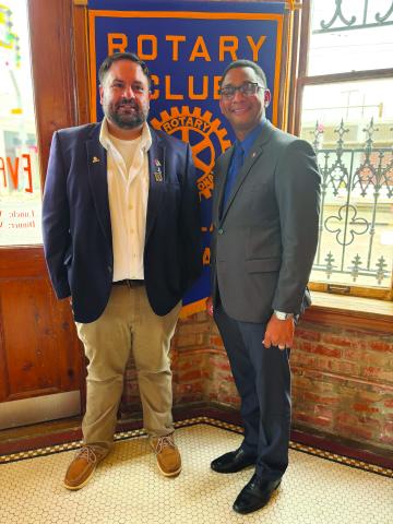 New President of Evangeline Parish Tourist Commission Tony Marks (left) is pictured with Rotary of Ville Platte President Brian Ardoin (right). (Gazette photo by Heather Bogard)