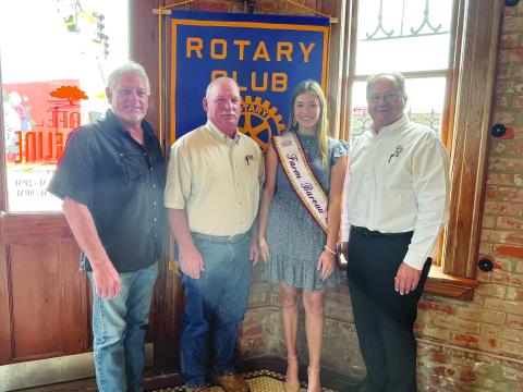 DESHOTEL DISCUSSES AGRICULTURE - New Evangeline Parish County Agent Vince Deshotel (second from left), along with his daughter Emily Deshotel, gave an update on agriculture and 4-H in Evangeline Parish during the May 30, meeting of the Ville Platte Rotary Club. They are shown with Rotary President Larry Lachney (left) and Rotarian Wayne Vidrine (right). (Gazette photo by Heather Bogard)