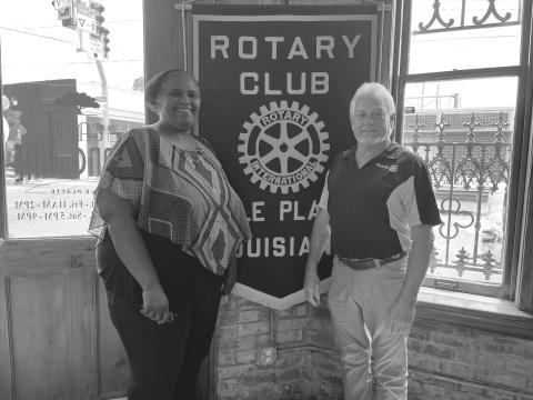 FONTENOT DISCUSSES CAMPS - New Rotarian Linda Fontenot (left) discussed her Save Our Community Kids Adventure Camps during the June 6, meeting of the Ville Platte Rotary Club. She is shown with Rotary President Larry Lachney (right). (Gazette photo by Heather Bogard)