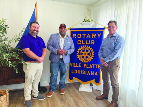 MEMBERS HEAR UPDATE FROM VP MAYOR - Ville Platte Mayor Ryan LeDay Williams gave an update on city projects during the June 9, meeting of the Ville Platte Rotary Club. He is shown with Rotary President Beau Wilson (left) and Rotarian and City Clerk-Treasurer Donald Bergeron (right). (Gazette photo by Heather Bogard)
