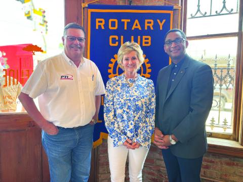 LEGISLATIVE UPDATE GIVEN -  State Representative Rhonda Butler (center)presented an update on the recent legislative session in Baton Rouge to the members of the Ville Platte Rotary during the group’s June 11, meeting. She is shown with Rotarian Mitch Fontenot (left) and Rotary President Brian Ardoin (right). (Gazette photo by Heather Bogard)