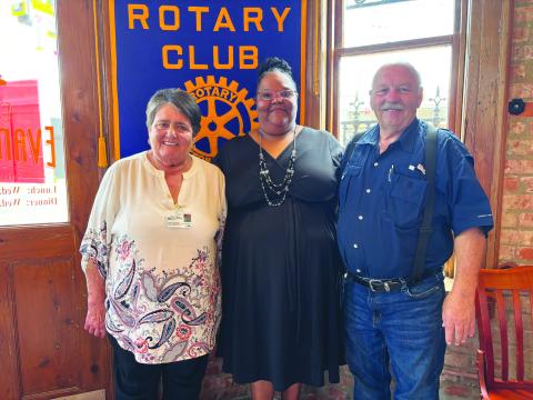 ECAA SERVICES DISCUSSED -  ECAA Executive Director Carleen Bellard (center) shared the community outreach and services provided by ECAA throughout the parish with members of the Ville Platte Rotary Club during the group’s June 25, meeting. She is shown with Rotarian Mable Foreman (left) and Rotary President Bob Manuel (right). (Gazette photo by Heather Bogard)