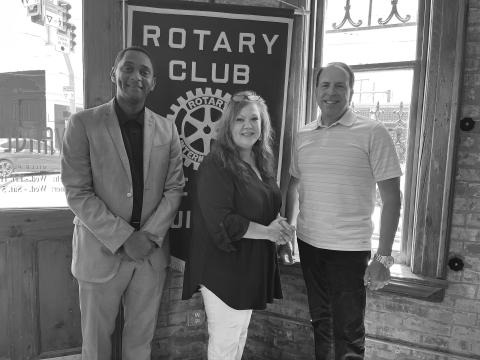 LAMKE GIVES UPDATE ON FOUNDATION - Connie Acosta Lamke (center) gave an update on the Acosta Foundation and work at the Aswell House during the June 27, meeting of the Ville Platte Rotary Club. She is shown with Rotary President Brian Ardoin (left) and Rotarian Darin Bordelon (right).
