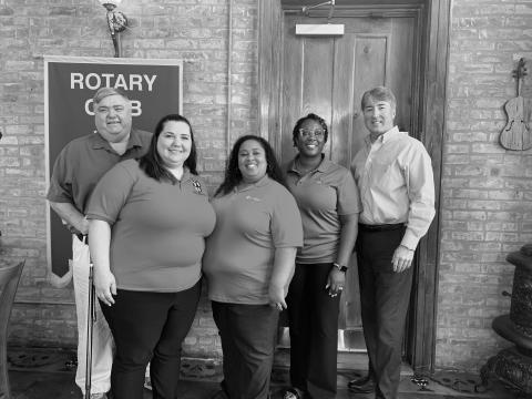VP ROTARY WELCOMES SPEAKER - Rotarian Garland Forman, left, invited representatives from Save the Children Head Start to address the July 13, meeting of the Ville Platte Rotary Club. Shown, from left with Rotary President Jimmy LeBlanc, right, they are Susan Forman, Johnnie Belle Chavis and Erica Arvie. (Gazette photo by Heather Bogard)