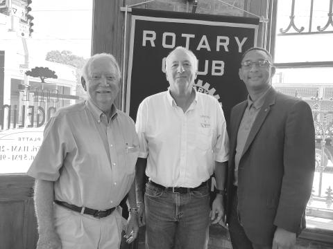 MOREIN GIVE UPDATE ON TAX COMMISSION - Marty Morein with the Evangeline Parish Tax Commission (center) gave an update during the July 18, meeting of the Ville Platte Rotary Club. He is shown with Rotarian Brent Coreil (left) and Rotary President Brian Ardoin (right). (Gazette photo by Heather Bogard)