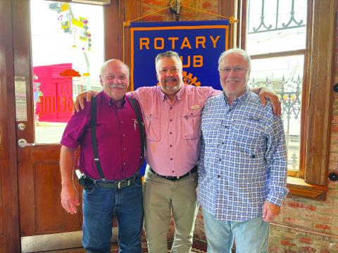 POLICE JURY UPDATE GIVEN -  Evangeline Parish Police Jury President Bryan Vidrine (center) addressed the July 30, meeting of the Ville Platte Rotary Club with an update on the police jury. He is shown with Rotarian Rotary President Bob Manuel (left) and Rotarian Ronnie Landreneau (right). (Gazette photo by Heather Bogard)