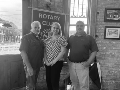 SENIOR LOW-COST LIVING ADDRESSED - Savoy Heights Property Manager Amanda  Duplechin (center) addressed the August 2, meeting of the Ville Platte Rotary Club. She is shown with Rotary President Larry Lachney (left) and Rotarian Scott Smith (right). (Gazette photo by Heather Bogard)