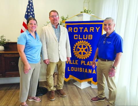 ADDICTION RECOVERY MINISTRY MISSION SHARED - During the August 4, meeting of the Ville Platte Rotary Club, Rev. Daniel Holsomback (center) was the guest of Rotarian Kristi Enicke (left). They are shown with Rotary President Dr. Kirk Soileau (right). (Gazette photo by Heather Bogard)