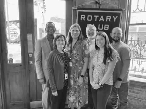 LAFLEUR DISCUSSES BEYOND THE HORIZON - Justin LaFleur, Director with Beyond the Horizon in Mamou, was the guest speaker for the August 8, meeting of the Ville Platte Rotary Club. Shown, from left, are Rotary President Brian Ardoin, Annette Thibodeaux, Angela Fontenot, LaFleur, Gabbie Comeaux and Justin Coreil, all with Savoy Medical Center in Mamou. (Photo courtesy of Mark Layne)
