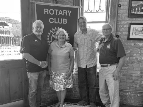 NORMAND DISCUSSES ROTARY FOUNDATION - Yvonne Normand, former district governor, second from left, addressed the August 16, meeting of the Ville Platte Rotary Club. She is shown with, from left, Rotary President Larry Lachney, Rotarian Philippe Vidrine and Normand’s husband, Keith, who is also a fellow Rotarian. (Gazette photo by Heather Bogard)