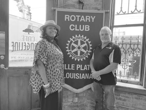 VP MAYOR ADDRESSES ROTARY CLUB - Ville Platte Mayor Jennifer Vidrine (left) addressed her fellow Rotarians during the weekly meeting held August 23. She is shown with Rotary President Larry Lachney. (Gazette photo by Heather Bogard)