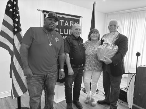 DISTRICT GOVERNOR VISITS -  Rotary District Governor Craig Walling (right) was the special guest speaker for the August 27, meeting of the Ville Platte Rotary Club. He is shown with, from left, Ville Platte Mayor and Rotarian Ryan LeDay Williams, Rotary President Bob Manuel and his wife, Clara Walling. (Gazette photo by Heather Bogard)