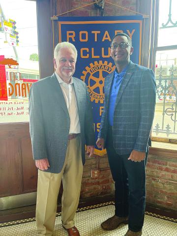 WARD DISCUSSES IDB BOARD - Dr. William “Tojo” Ward with the Industrial Development Board (left) was the guest speaker for the August 29, meeting of the Ville Platte Rotary Club. He is shown with Rotary President Brian Ardoin. (Gazette photo by Heather Bogard)