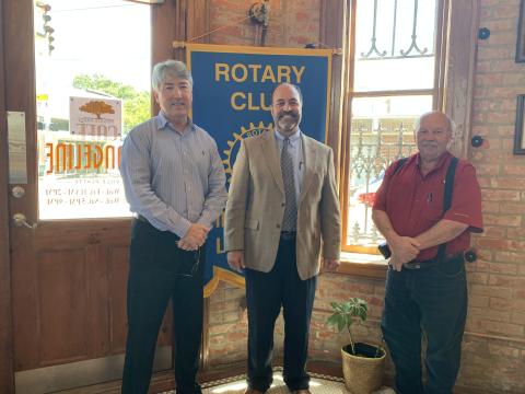 VP ROTARY WELCOMES GUEST - Raymond Hebert, President and CEO of the Community Foundation of Acadiana, center, was the guest speaker for the August 31, meeting of the Ville Platte Rotary Club. He is shown with Rotary President Jimmy LeBlanc, left, and Rotarian Bob Manuel, right. (Gazette photo by Heather Bogard)