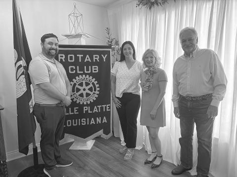 GUMBO GALS TALK POP-UP SHOPS - Shown, from left, are Rotary President Beau Wilson, Samantha LaHaye, Niki Beeson, and Rotarian Dr. William “Tojo” Ward. LaHaye and Beeson discussed their Gumbo Gals business and pop-up shops. (Gazette photo by Heather Bogard)