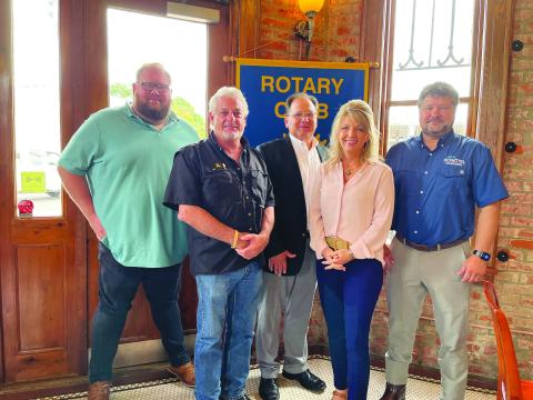 SENATOR CLOUD ADDRESSES ROTARY CLUB - Senator Heather Cloud (second from right) visited the September 6, meeting of the Ville Platte Rotary Club. She is shown with, from left, legislative assistant David Allen, Rotary President Larry Lachney, Rotarian Wayne Vidrine, and State Representative Daryl Deshotel. (Gazette photo by Heather Bogard)