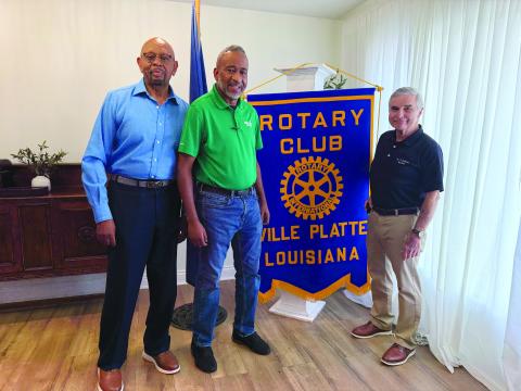 PITRE SHARES WORK JOURNEY - Shawn Pitre (center) shared his 31-year career with Doug Ashy Building Materials in Ville Platte during the September 8, meeting of the Ville Platte Rotary Club. He is shown with Rotarian Clem LaFleur (left) and Rotary President Dr. Kirk Soileau (right). (Gazette photo by Heather Bogard)