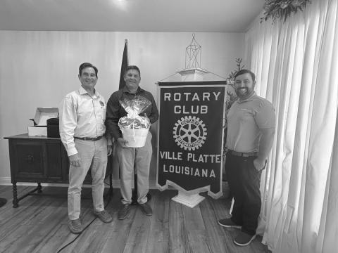 ROTARY DISTRICT GOVERNOR VISITS - Rotary District #6200 District Governor Chris Duhon (center) visited the September 9, meeting of the Ville Platte Rotary Club. He is shown with Rotarian Donald Bergeron (left) and Rotary President Beau Wilson (right). (Gazette photo by Heather Bogard)