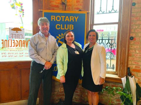 VP ROTARY WELCOMES AGUILLARD - Candace Aguillard, center, was the guest speaker for the September 14, meeting of the Ville Platte Rotary Club. She is shown with Rotary President Jimmy LeBlanc, left, and Rotary Secretary Renee Brown, right. (Gazette photo by Heather Bogard)