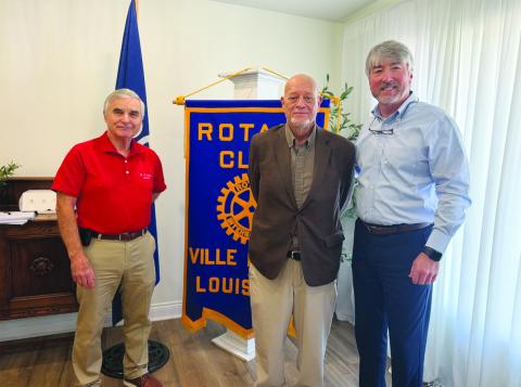 JUDGE WEST SHARES UPDATE - Judge Chuck West (center) shared his 31-year career with Doug Ashy Building Materials in Ville Platte during the September 8, meeting of the Ville Platte Rotary Club. He is shown with Rotary President Dr. Kirk Soileau (left) and Rotarian Jimmy LeBlanc (right). (Gazette photo by Heather Bogard)