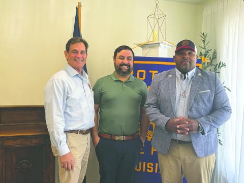MAYOR SHARES POSITIVE UPDATES - Ville Platte Mayor and Rotarian Ryan LeDay Williams shared positive news on the City of Ville Platte during the September 16, meeting of the Ville Platte Rotary Club. He is shown with City Clerk and Rotarian Donald Bergeron (left) and Rotary President Beau Wilson (center). (Gazette photo by Heather Bogard)