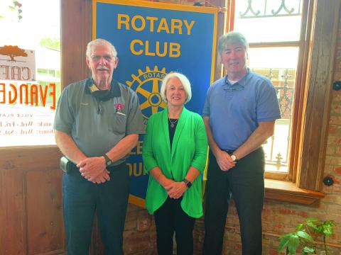 VP ROTARY WELCOMES DR. FONTENOT - Dr. Gwen Fontenot, president of the Evangeline Parish Chamber of Commerce, center, was the guest speaker for the September 21, meeting of the Ville Platte Rotary Club. She is shown with Rotarian Kermit Miller, left, and Rotary President Jimmy LeBlanc, right. (Gazette photo by Heather Bogard)
