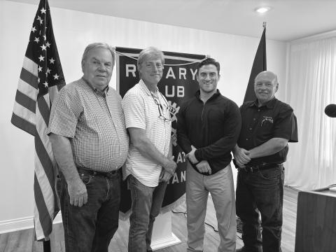 ORTHOPEDIC SURGEON VISITS ROTARY CLUB - Orthopedic surgeon Stuart Schexnayder addressed the September 24, meeting of the Ville Platte Rotary Club. Shown, from left, are Rotarian Steve Phillips, Paul Schexnayder, Stuart Schexnayder and Rotary President Bob Manuel (right). (Gazette photo by Heather Bogard)