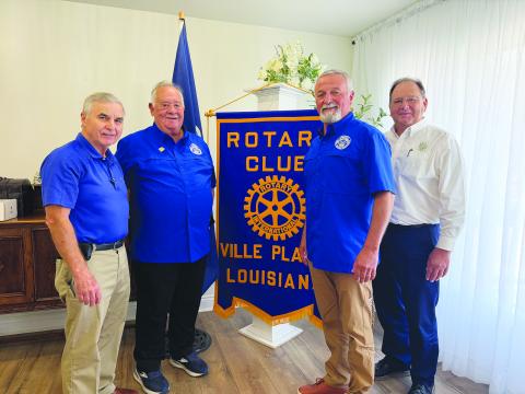 PUBLIC SERVICE COMMISSIONER ADDRESSES CLUB - Public Service Commissioner Mike Francis addressed the September 29, meeting of the Ville Platte Rotary Club with an update on the commission’s work. Shown, from left, are Rotary President Dr. Kirk Soileau, Francis, executive assistant Eric Duplechain and Rotarian Wayne Vidrine. (Gazette photo by Heather Bogard)
