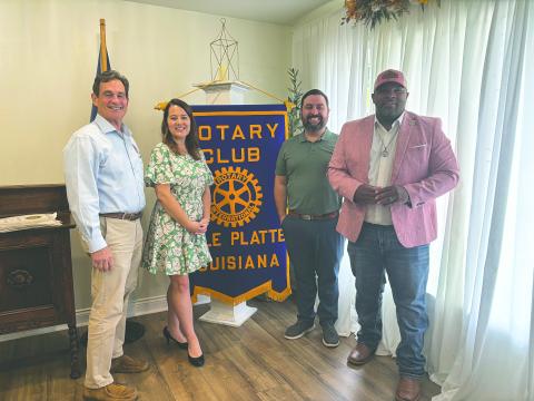 GOUGE SHARES DEVELOPMENT PLANS - From left are City Clerk/Treasurer and Rotarian Donald Bergeron, guest speaker Ana-Alicia Gouge, Rotary President Beau Wilson and Ville Platte Mayor and Rotarian Ryan Leday Williams. (Gazette photo by Heather Bogard)