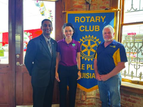 SENIOR CARE AVAILABLE - Adrian Allen, was the guest speaker during the October 11, meeting of the Ville Platte Rotary Club. She is shown with Rotarian Brian Ardoin, left, and Rotary President Larry Lachney, right. (Gazette photo by Heather Bogard)