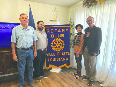 LE GRAND HOORAH HAPPENING SOON - From left are Rotarian Bill Brunet, Rotary President Beau Wilson, Margaret “Chicken” Aucoin and Gilbert “Winky” Aucoin at the October 14, meeting of the Ville Platte Rotary Club. The Aucoins gave an update on activities for Le Grand Hoorah taking place November 1-2, at Lakeview Park in Eunice. (Gazette photo by Heather Bogard)