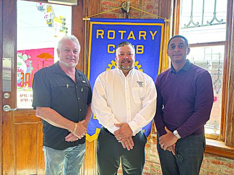 VIDRINE IS GUEST SPEAKER - EPPJ President Bryan Vidrine (center) was the guest speaker for the October 17, meeting of the Ville Platte Rotary Club. He is shown with Rotarian Larry Lachney (left) and Rotary President Brian Ardoin. (Gazette photo by Heather Bogard)