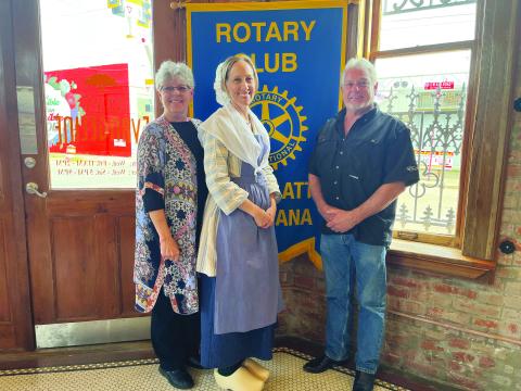 LIBRARY BOOK FEST UPDATE GIVEN - During the October 18, meeting of the Ville Platte Rotary Club. Dr. Elista Istre was the guest of Library Outreach Coordinator Suzy Lemoine and gave a brief synopsis of her Evangeline program presented at all branches of the library last week. She is shown with Lemoine, left, and Rotary President Larry Lachney, right. (Gazette photo by Heather Bogard)