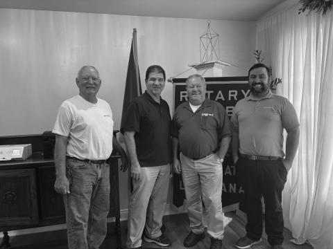 SENIOR LIVING DISCUSSED - From left are Rotarian Brent Coreil, Eric Fruge and Landie Thompson with Chateau des Amis and Rotary President Beau Wilson. Fruge and Thompson talked about active living in a senior apartment. (Gazette photo by Heather Bogard)