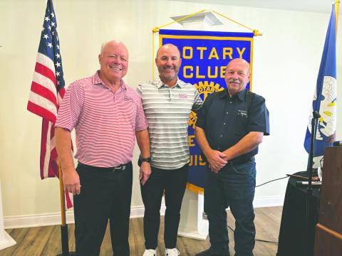 UPDATE PRESENTED ON UL BASEBALL - UL Lafayette Assistant Baseball Coach Seth Thibodeaux visited the October 29, meeting of the Ville Platte Rotary Club. He is shown with Rotarian Dr. Joey Soileau (left) and Rotary President Bob Manuel (right). (Gazette photo by Heather Bogard)