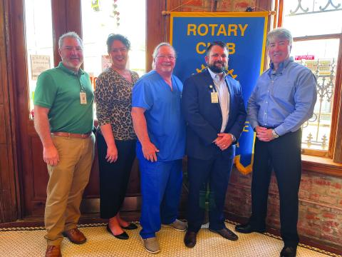 SMC CEO GIVES UPDATE - Rotarian Jackie Riche’ welcomed new Savoy Medical Center CEO Lance Armentor to address the November 2, meeting of the Ville Platte Rotary Club. Shown, from left are SMC employees Danny LaHaye, Jackie Riche’, Otis Johnson and Armentor. They are shown with Rotary President Jimmy LeBlanc, right. (Gazette photo by Heather Bogard)