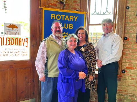 NURSING HOME UPDATE GIVEN - Heritage Manor Administrator and Rotarian Trey Prudhomme, left, was the guest speaker for the November 9, meeting of the Ville Platte Rotary Club. He is shown with, from left, Heritage Manor Activity Director Patricia Duplechin, Rotary Secretary Renee Brown and Rotary President Jimmy LeBlanc. (Gazette photo by Heather Bogard)