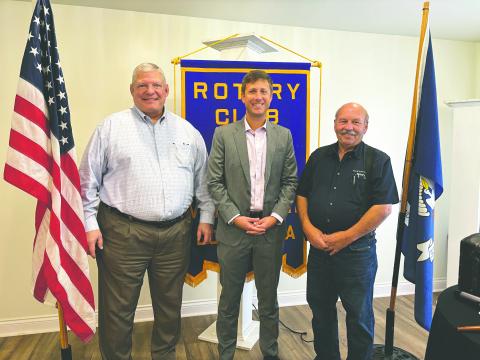 CHANGES TO TAXES DISCUSSED - LABI CEO Will Green (center) visited the November 12, meeting of the Ville Platte Rotary Club. He is shown with Rotarian Peter Strawitz (left) and Rotary President Bob Manuel (right). (Gazette photo by Heather Bogard)
