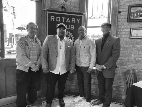 GUESTS WELCOMED - From left, KVPI General Manager Mark Layne, Mayor Ryan LeDay Williams and Pastor Reginald Arvie were the guest speakers for the November 14, meeting of the Ville Platte Rotary Club. They are shown with Ville Platte Rotary Club President Brian Ardoin (right).