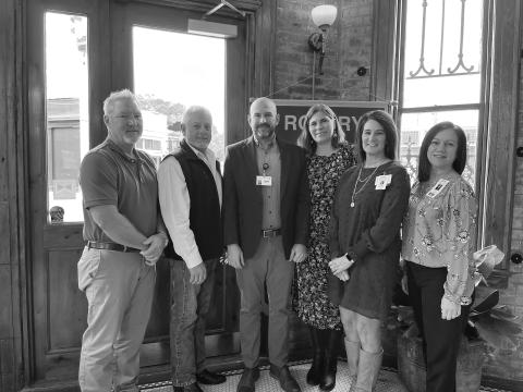 Shown, from left, are Danny LaHaye (Director of Hospital Operations - SMC), Rotary President Larry Lachney, Doucet, Fontenot (Director of Marketing and Business Development - SMC), Shelly Soileau (Chief Financial Officer - SMC) and Laurie Manuel (Chief Nursing Officer - SMC) (Gazette photo by Heather Bogard)