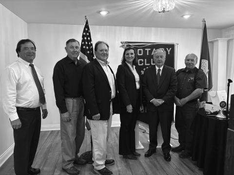 LBA UPDATES DISCUSSED - LBA CEO Ginger Laurent visited the November 26, meeting of the Ville Platte Rotary Club. From left are David Thibeaux, Rotarians Bill Brunet and Wayne Vidrine, Laurent, Randy Chapman and Rotary President Bob Manuel. (Gazette photo by Heather Bogard)