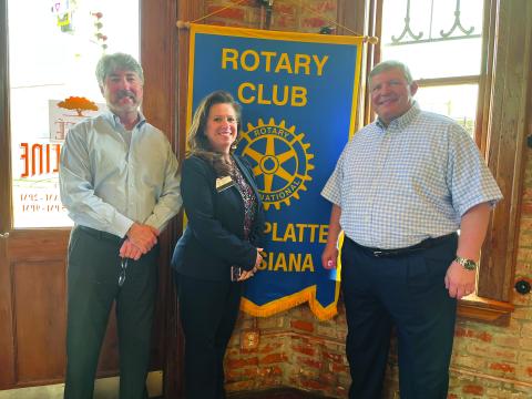  Rotarian Renee Brown (center) addressed her fellow club members during the Dcember 14, meeting of the Ville Platte Rotary Club. She is shown with Rotary President Jimmy LeBlanc, left, and Rotarian Peter Strawitz. (Gazette photo by Heather Bogard)