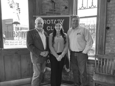 HEBERT DISCUSSES CLINIC SERVICES - During the December 20, meeting of the Ville Platte Rotary Club, Morgan Hebert (center) spoke with the group about services at the new Mercy Regional Clinic. She is shown with Rotary President Larry Lachney (left) and Rotarian Mitch Fontenot (right). (Gazette photo by Heather Bogard)
