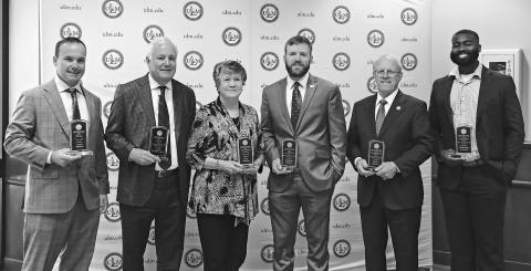 The University of Louisiana Monroe School of Construction Management (SOCM) held its spring awards luncheon with alumni awards given to deserving candidates, including, from left, Robert “Popie” Billeaud and Stuart Billeaud, Constructor of the Year award; Jane Shurley, Female Alumna of the Year; Andrew Barber, Under-40 Alumnus of the Year; Keith Roberts, Distinguished Alumnus of the Year and Donovan Stewart, Minority Alumnus of the Year.