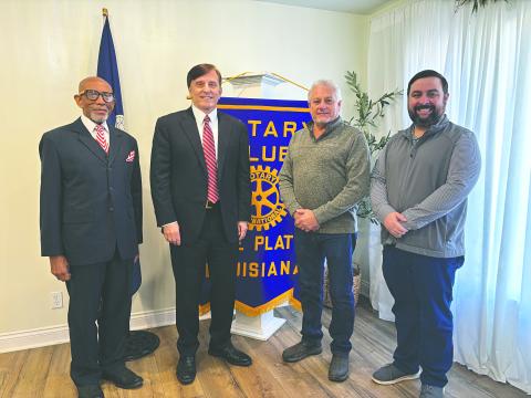 STATE TREASURER VISITS VILLE PLATTE - Louisiana State Treasurer Dr. John Fleming visited with the Ville Platte Rotary Club as the guest speaker on January 13. Shown, from left, are Elbert Guillory, Fleming, Rotarian Larry Lachney and Rotary President Beau Wilson. (Gazette photo by Heather Bogard)