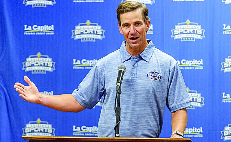 Former Ole Miss and New York Giant quarterback Eli Manning addresses the media during a press conference on the day before being inducted into the Louisiana Sports Hall of Fame in Natchitoches. (Photo by Chris Reich/ LSHOF)